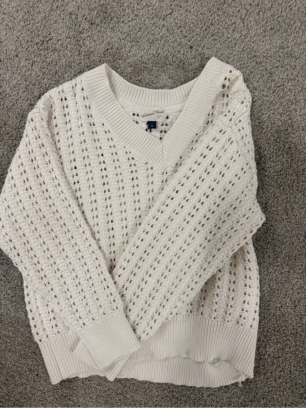 Women's Cream Open-Knit V-Neck Sweater